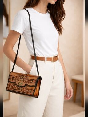 Vintage Brown Floral Tooled Leather Shoulder Bag